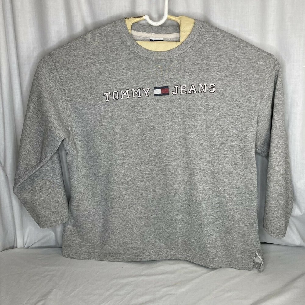 Vintage Tommy Jeans Gray Pullover Sweatshirt Spell Out Hilfiger Patch USA Made L